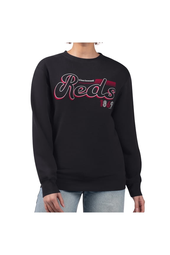 Women's Starter Black Cincinnati Reds Groovy Script Team Fleece Pullover Sweatshirt