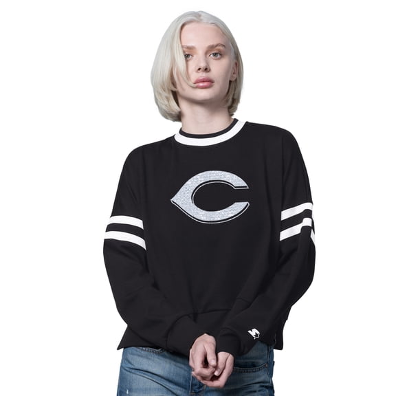 Women's Starter Black Cincinnati Reds Rally Cropped Drop Shoulder Crewneck Sweatshirt