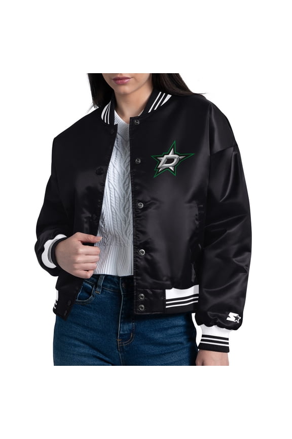 Women's Starter Black Dallas Stars Arch Stripe Satin Full-Snap Varsity Jacket