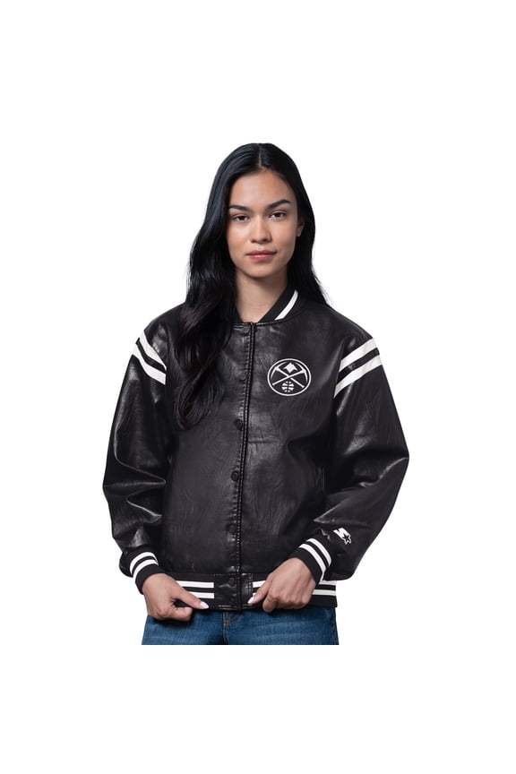 Women's Starter Black Denver Nuggets High Heat Leather Varsity Full-Snap Jacket
