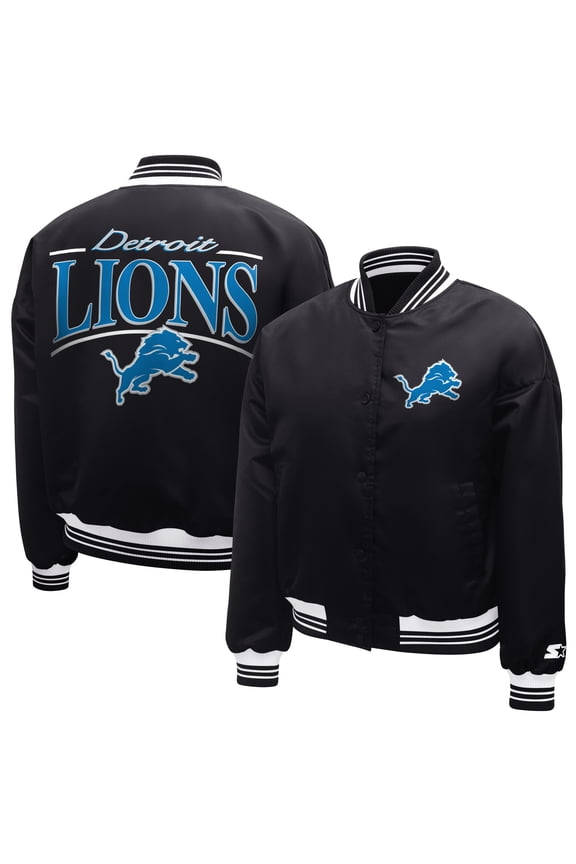 Women's Starter Black Detroit Lions Satin Full-Snap Varsity Jacket