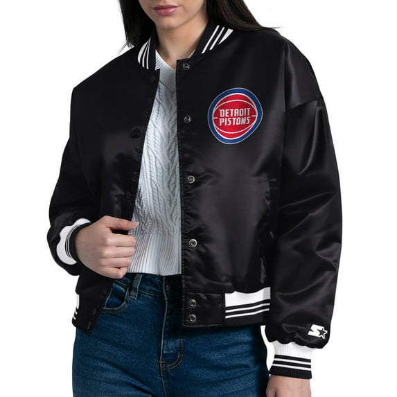 Women's Starter Black Detroit Pistons Arch Stripe Full-Snap Satin Varsity Jacket