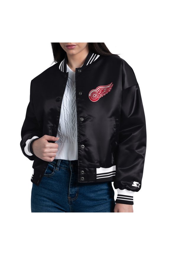 Women's Starter Black Detroit Red Wings Arch Stripe Satin Full-Snap Varsity Jacket