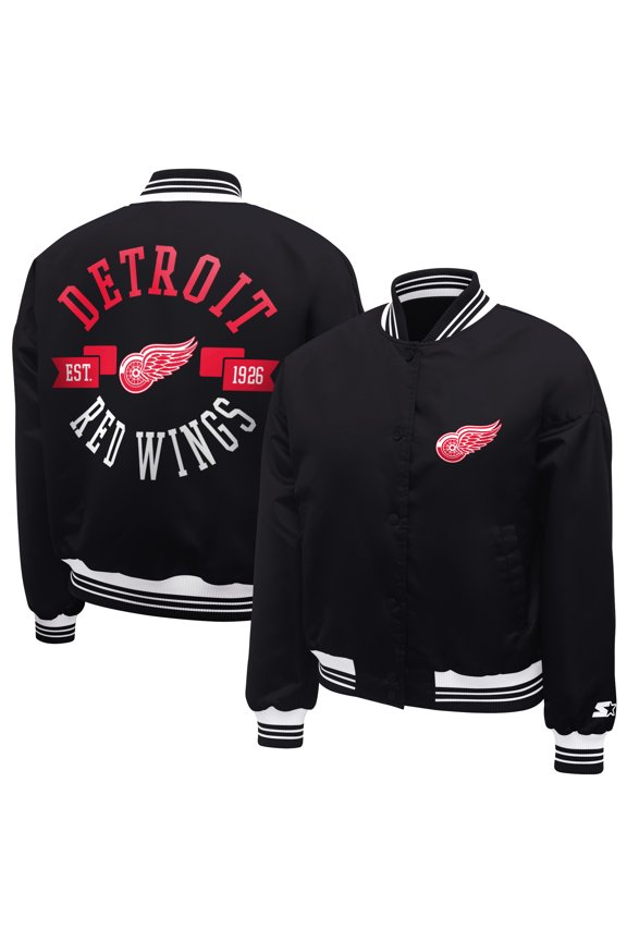 Women's Starter Black Detroit Red Wings Printed Round Team Logo Satin Varsity Full-Snap Jacket