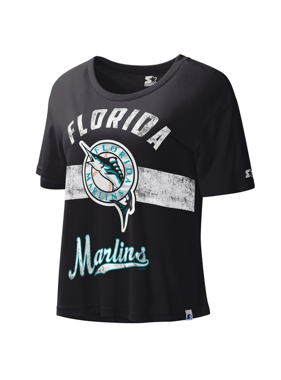 Women's Starter Black Florida Marlins Cooperstown Collection Record Setter Crop Top