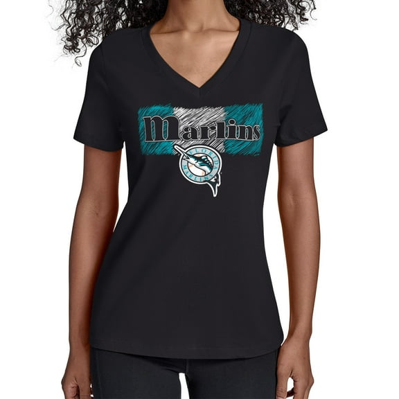 Women's Starter Black Florida Marlins Team Color Shading V-Neck T-Shirt