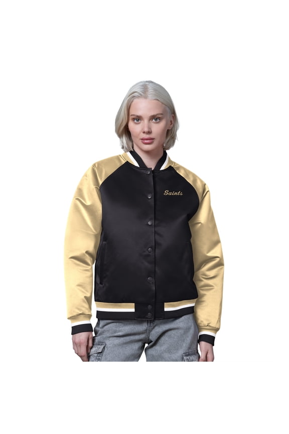 Women's Starter Black/Gold New Orleans Saints Satin Full-Snap Vintage Varsity Jacket