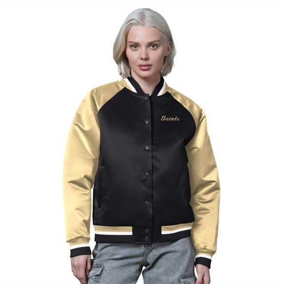 Women's Starter Black/Gold New Orleans Saints Satin Full-Snap Vintage Varsity Jacket
