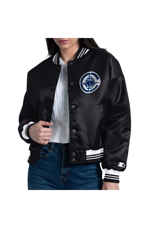 Women's Starter Black LA Clippers Arch Stripe Full-Snap Satin Varsity Jacket