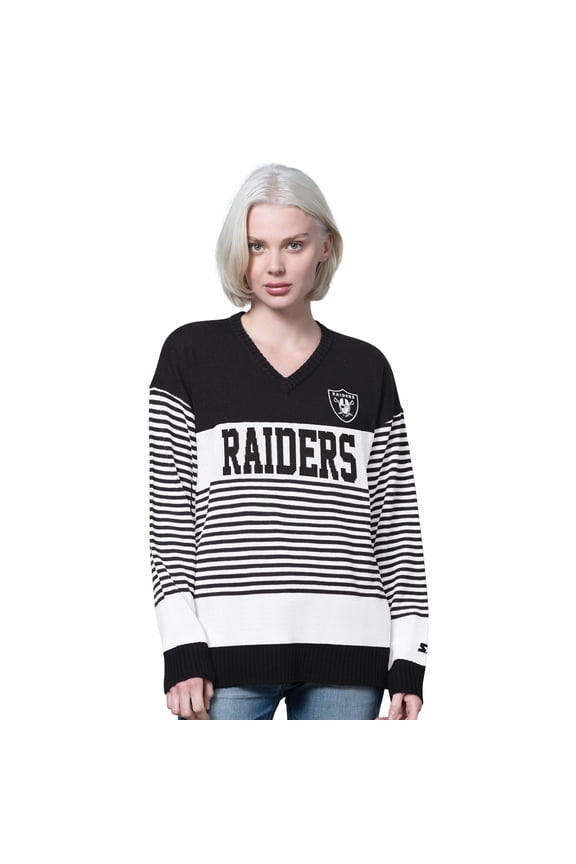 Women's Starter Black Las Vegas Raiders No Huddle Striped V-Neck Sweater