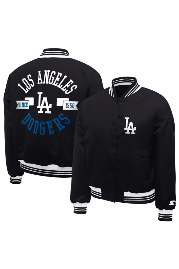 Women's Starter Black Los Angeles Dodgers Printed Logo Cropped Satin Varsity Full-Snap Jacket