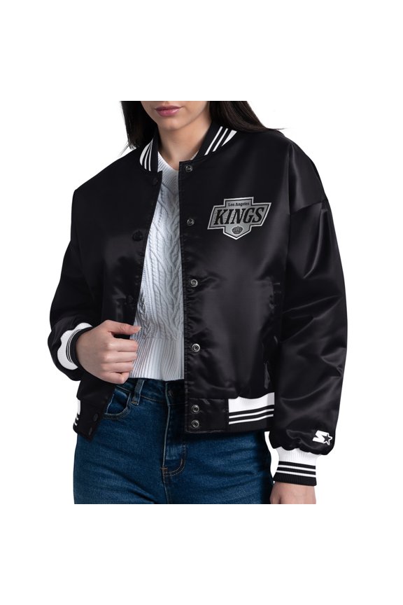 Women's Starter Black Los Angeles Kings Arch Stripe Satin Full-Snap Varsity Jacket