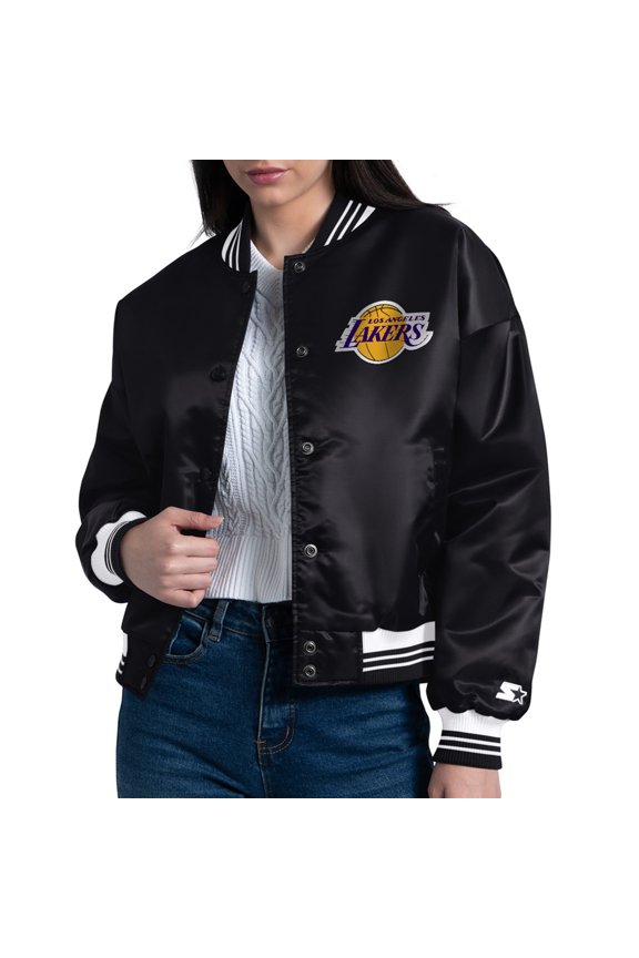 Women's Starter Black Los Angeles Lakers Arch Stripe Full-Snap Satin Varsity Jacket