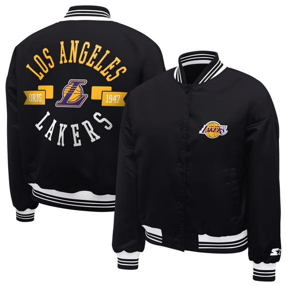 Women's Starter Black Los Angeles Lakers Printed Logo Cropped Satin Varsity Full-Snap Jacket