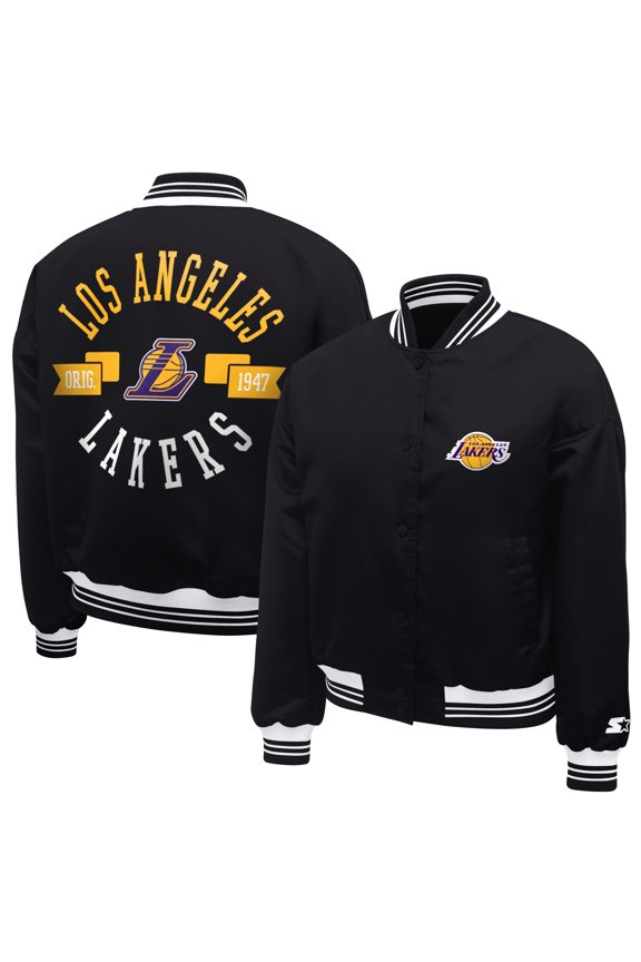 Women's Starter Black Los Angeles Lakers Printed Logo Cropped Satin Varsity Full-Snap Jacket