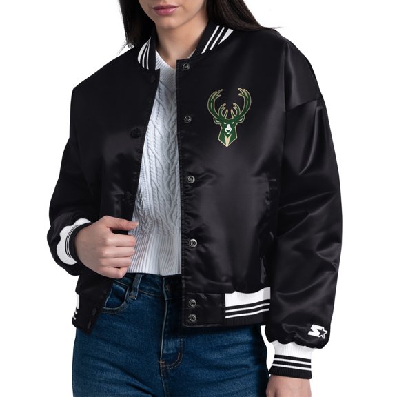 Women's Starter Black Milwaukee Bucks Arch Stripe Full-Snap Satin Varsity Jacket