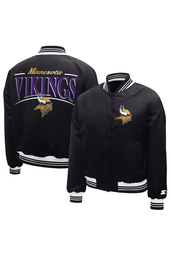 Women's Starter Black Minnesota Vikings Satin Full-Snap Varsity Jacket
