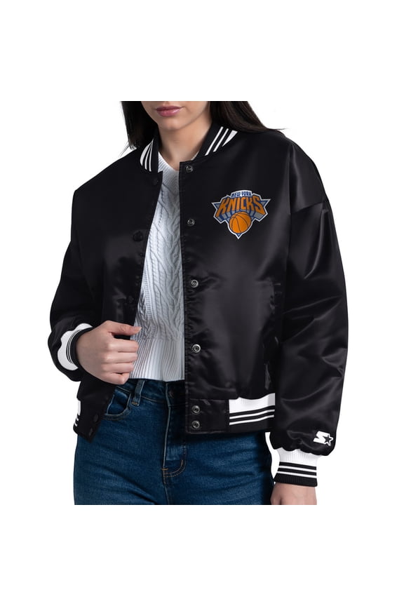 Women's Starter Black New York Knicks Arch Stripe Full-Snap Satin Varsity Jacket