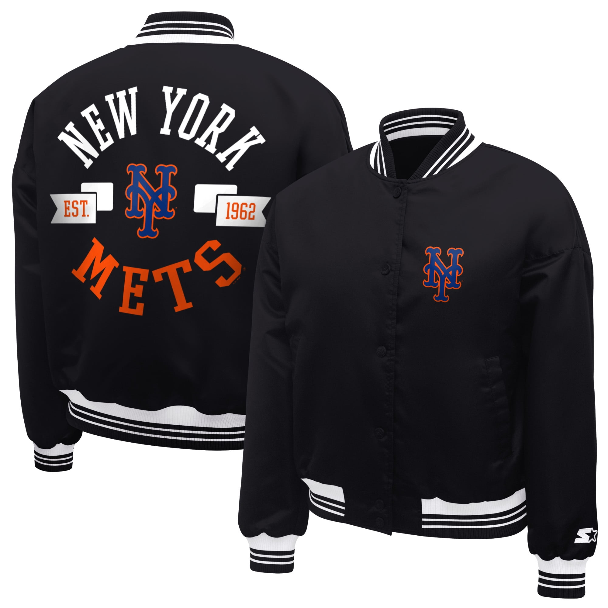 Women's Starter Black New York Mets Printed Logo Cropped Satin
