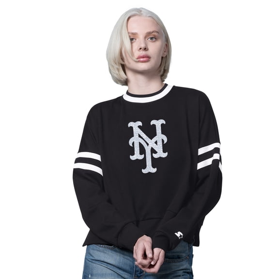 Women's Starter Black New York Mets Rally Cropped Drop Shoulder Crewneck Sweatshirt