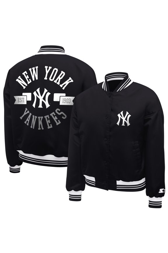 Women's Starter Black New York Yankees Printed Logo Cropped Satin Varsity Full-Snap Jacket