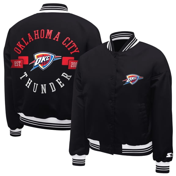 Women's Starter Black Oklahoma City Thunder Printed Logo Cropped Satin Varsity Full-Snap Jacket
