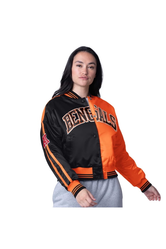 Women's Starter  Black/Orange Cincinnati Bengals Zone Blitz Cropped Full-Snap Satin Jacket
