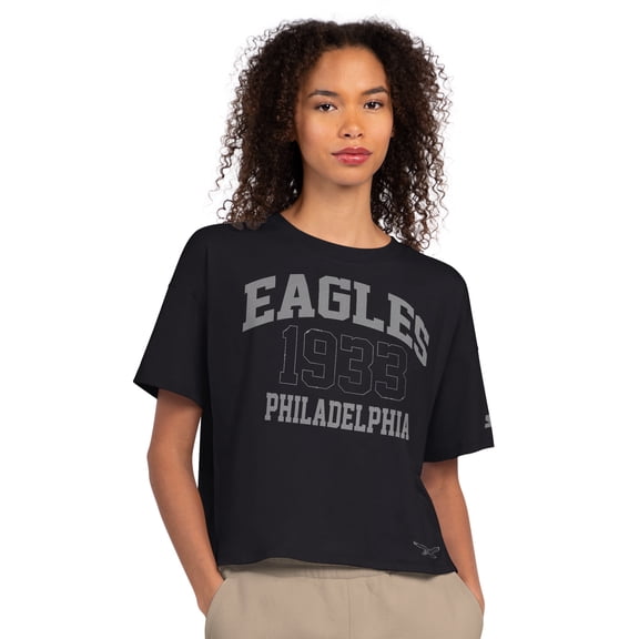 Women's Starter Black Philadelphia Eagles Rhinestone Boxy Cropped T-Shirt