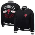 thumbnail image 1 of Women's Starter  Black Philadelphia Phillies Printed Logo Cropped Satin Varsity Full-Snap Jacket, 1 of 3