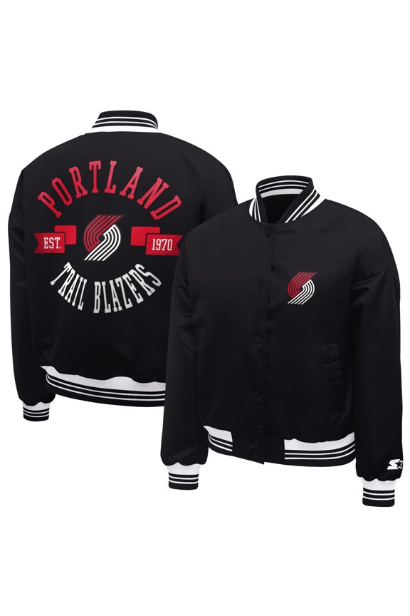 Women's Starter Black Portland Trail Blazers Printed Logo Cropped Satin Varsity Full-Snap Jacket