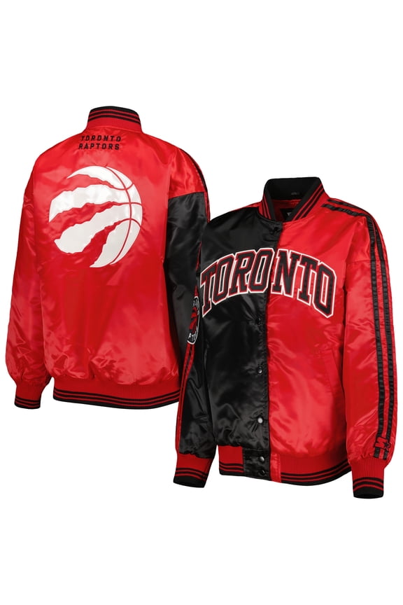 Women's Starter Black/Red Toronto Raptors Split Colorblock Satin Full-Snap Varsity Jacket