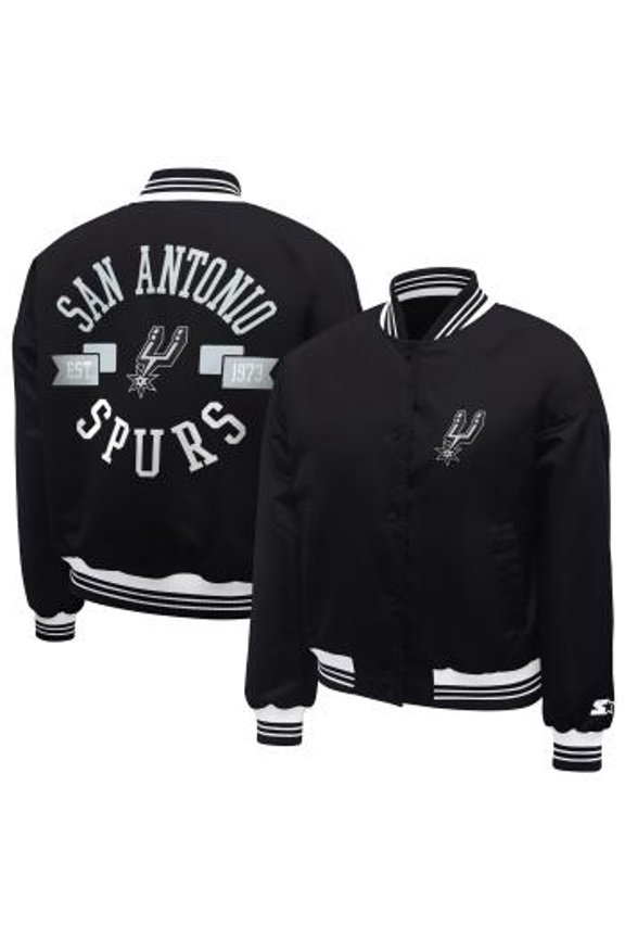 Women's Starter Black San Antonio Spurs Printed Logo Cropped Satin Varsity Full-Snap Jacket