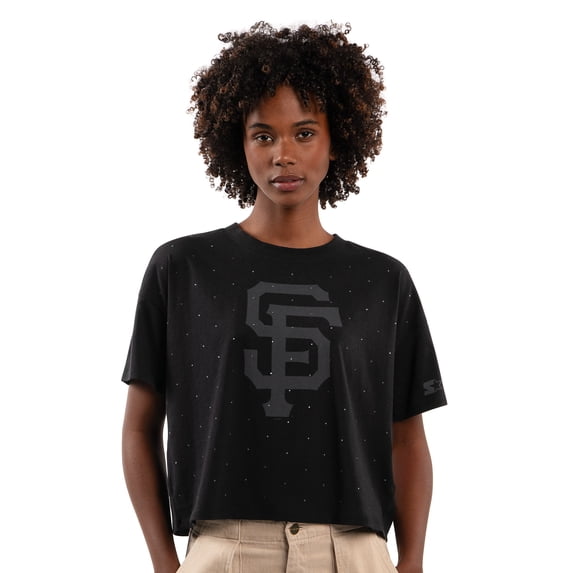 Women's Starter Black San Francisco Giants Rhinestone Sprinkle Boxy Cropped T-Shirt
