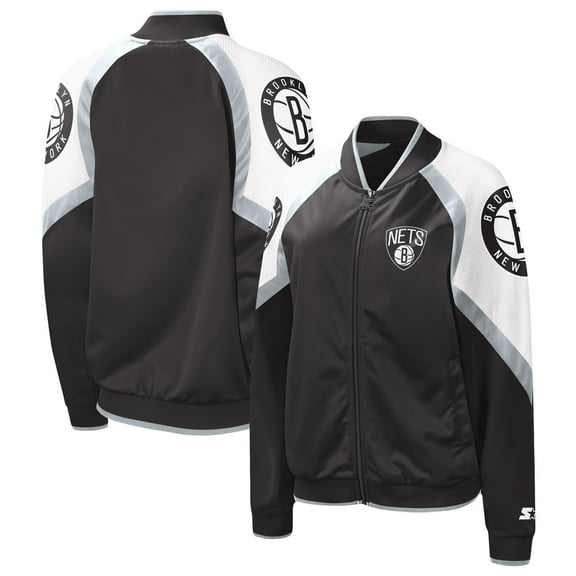 Women's Starter Black/Silver Brooklyn Nets Fan Girl Satin Raglan Full-Zip Jacket