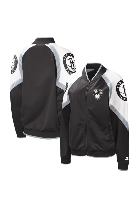 Women's Starter Black/Silver Brooklyn Nets Fan Girl Satin Raglan Full-Zip Jacket