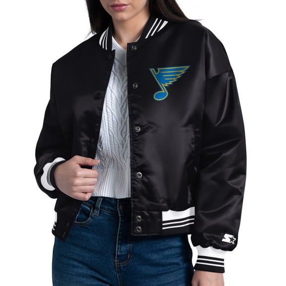 Women's Starter Black St. Louis Blues Arch Stripe Satin Full-Snap Varsity Jacket