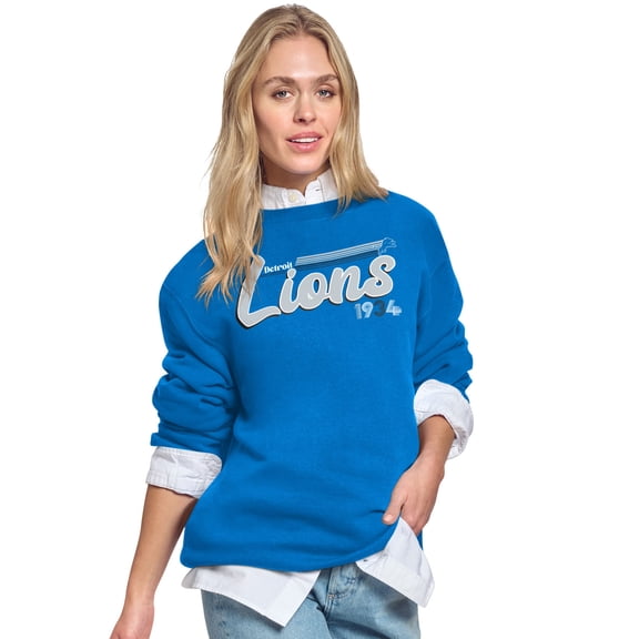 Women's Starter Blue Detroit Lions Groovy Script Fleece Crewneck Sweatshirt