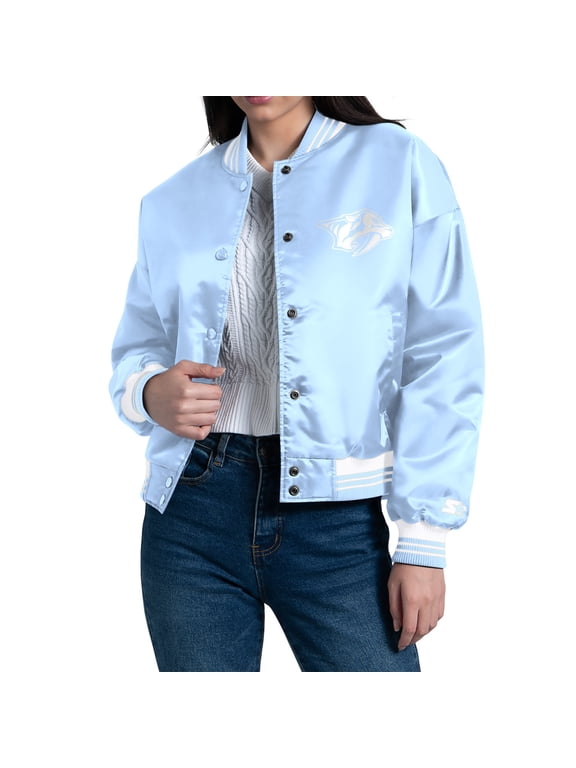 Women's Starter Blue Nashville Predators Fashion Script Satin Full-Snap Varsity Jacket