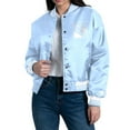 thumbnail image 1 of Women's Starter Blue New York Rangers Fashion Script Satin Full-Snap Varsity Jacket, 1 of 3