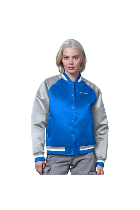 Women's Starter Blue/Silver Detroit Lions Satin Full-Snap Vintage Varsity Jacket