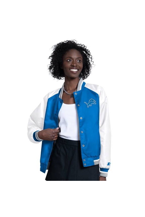 Women's Starter Blue/White Detroit Lions Raglan Blitz Full-Snap Varsity Jacket