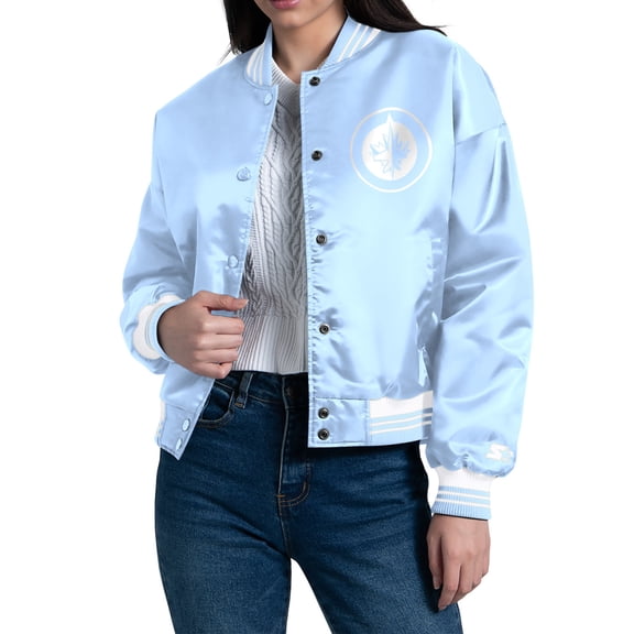 Women's Starter Blue Winnipeg Jets Fashion Script Satin Full-Snap Varsity Jacket