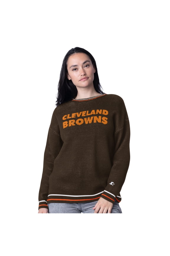 Women's Starter Brown Cleveland Browns Oversized On the Ball Intarsia Knit Pullover Sweater