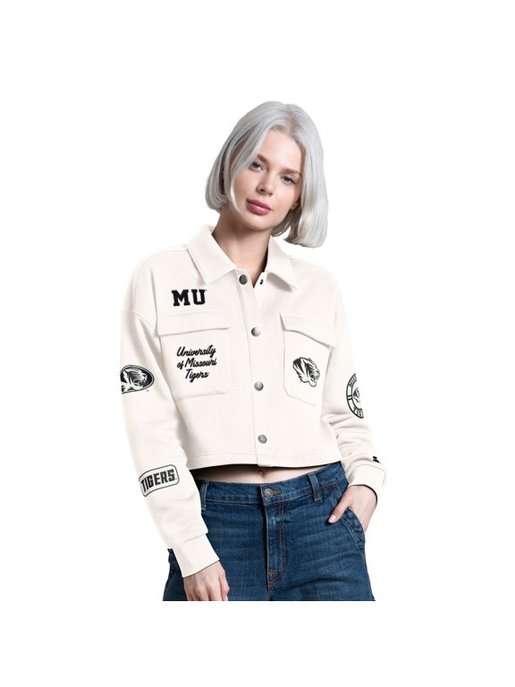 Women's Starter Cream Missouri Tigers Anchor Full Snap Cropped Shacket