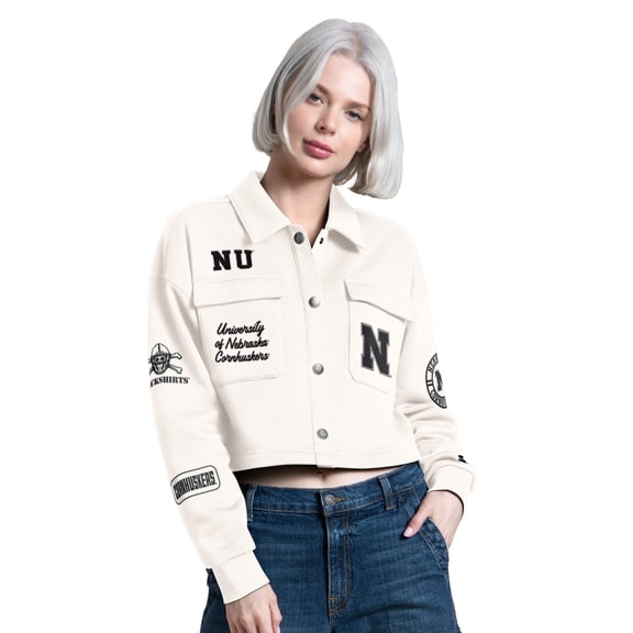 Women's Starter Cream Nebraska Huskers Anchor Full Snap Cropped Shacket