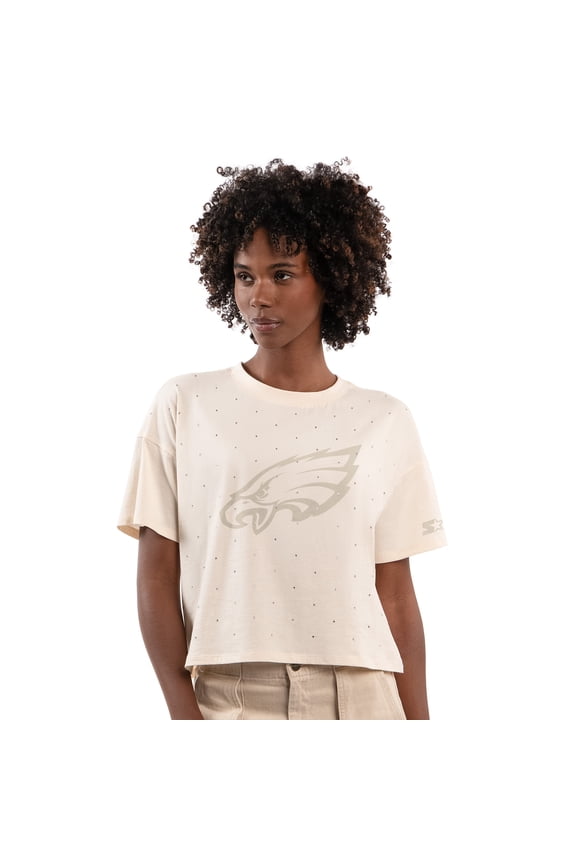 Women's Starter Cream Philadelphia Eagles Rhinestone Sprinkle Boxy Cropped T-Shirt
