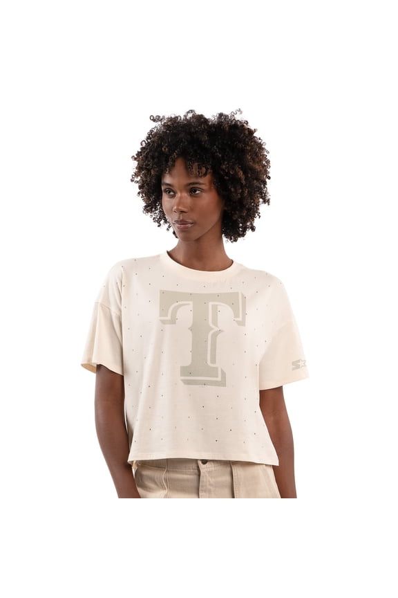Women's Starter Cream Texas Rangers Rhinestone Sprinkle Boxy Cropped T-Shirt