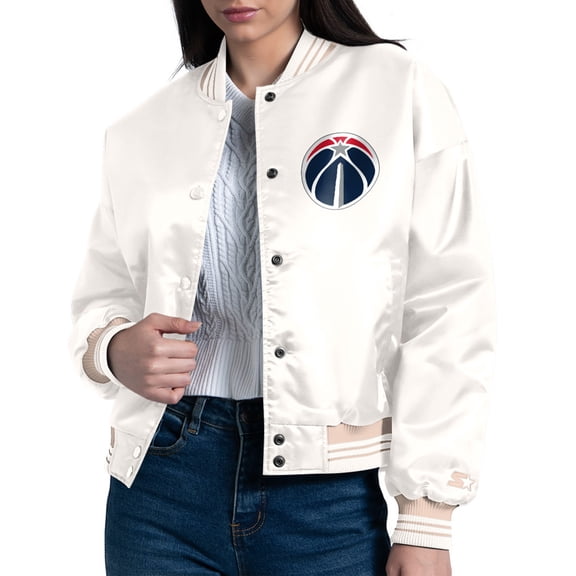 Women's Starter Cream Washington Wizards Printed Logo Cropped Satin Varsity Full-Snap Jacket