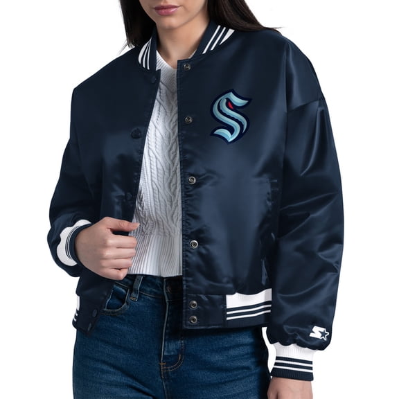 Women's Starter  Deep Sea Blue Seattle Kraken Arch Stripe Satin Full-Snap Varsity Jacket