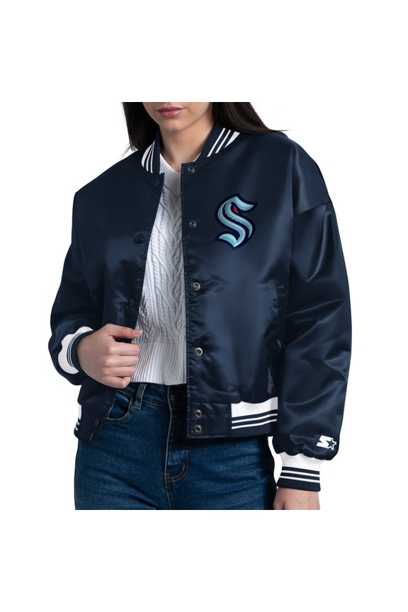 Women's Starter Deep Sea Blue Seattle Kraken Arch Stripe Satin Full-Snap Varsity Jacket